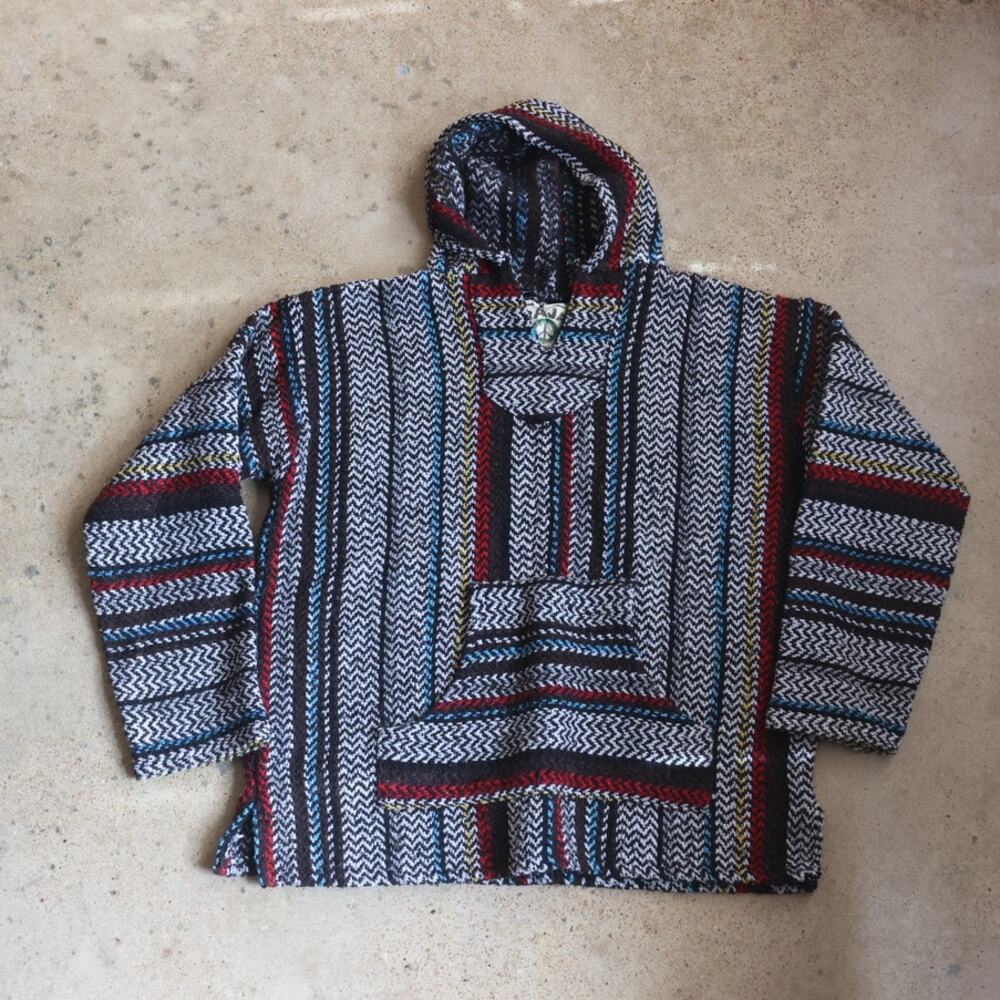 Vintage Baja Joe Baja Hoodie Drug Rug Multicolor Striped Woven Pullover